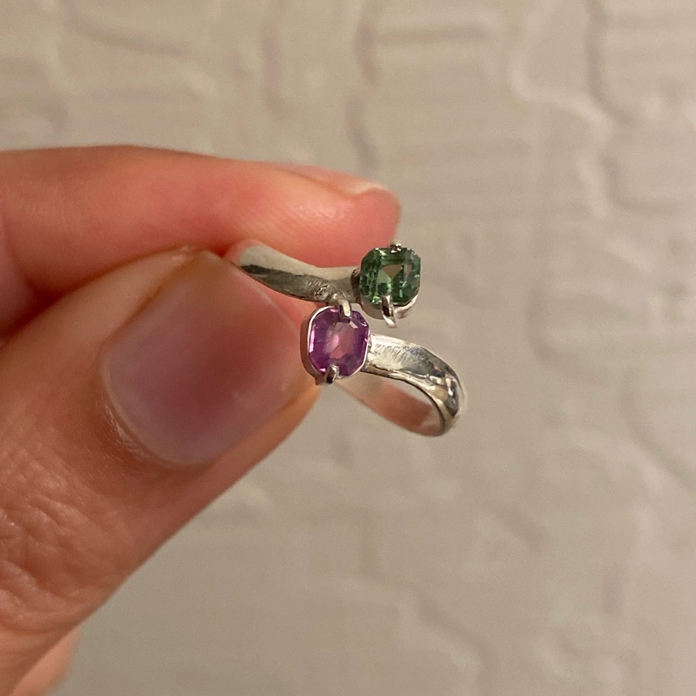 Beautiful Handmade Natural Tourmaline & Amethyst stones 925 silver Ring size 7.5